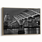 Framed canvas of a vintage-style London landscape in black and gold tones, ideal for bedroom wall art.