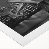 Art deco poster of London scenery in muted blue and gray tones on rolled canvas, suitable for dining room decor.