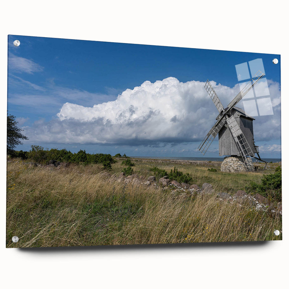 Acrylic glass print of a European Estonian landscape in muted earth tones, suitable for bedroom or dining room decor.