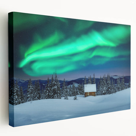 Large stretched canvas featuring a serene Finnish landscape in muted green and blue tones, suitable for kitchen wall art.