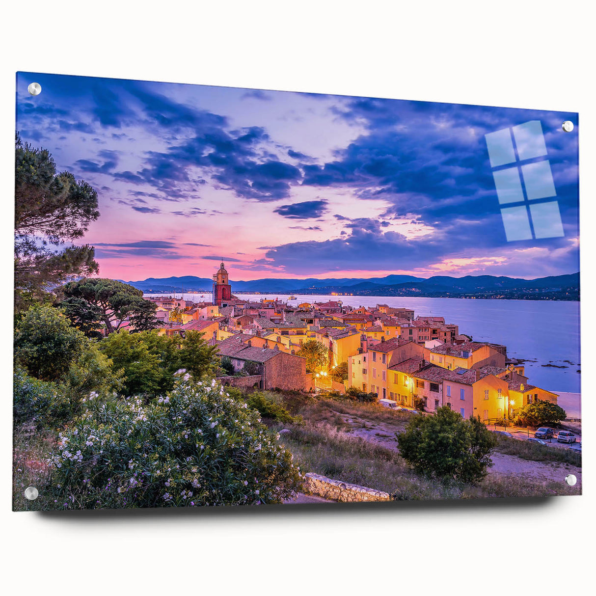 Acrylic print of a Provence, France landscape in muted earth tones, suitable for dining room decor.