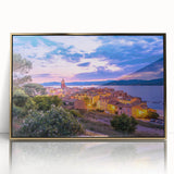 Art Deco style poster of Provence landscape in muted gold and blue tones, framed acrylic, ideal for modern art wall decor.