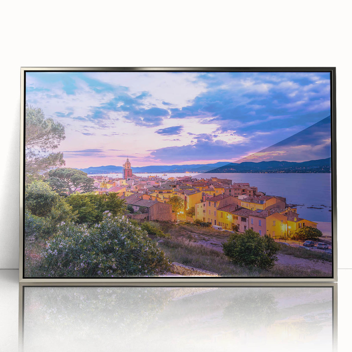 Large art print of a Provence, France scenery in mid-century modernist style, framed in silver acrylic.