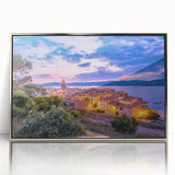 Large art print of a Provence, France scenery in mid-century modernist style, framed in silver acrylic.