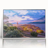 Mid-century modernist art depicting a serene Provence landscape in pastel shades, framed in white acrylic.