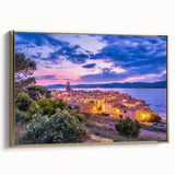 Framed canvas depicting a vintage-style landscape painting of Provence with muted earth tones, ideal for bedroom wall art.