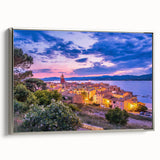 Landscape art painting of Provence with colorful fields and black vintage poster-style frame, ideal for living room decor.