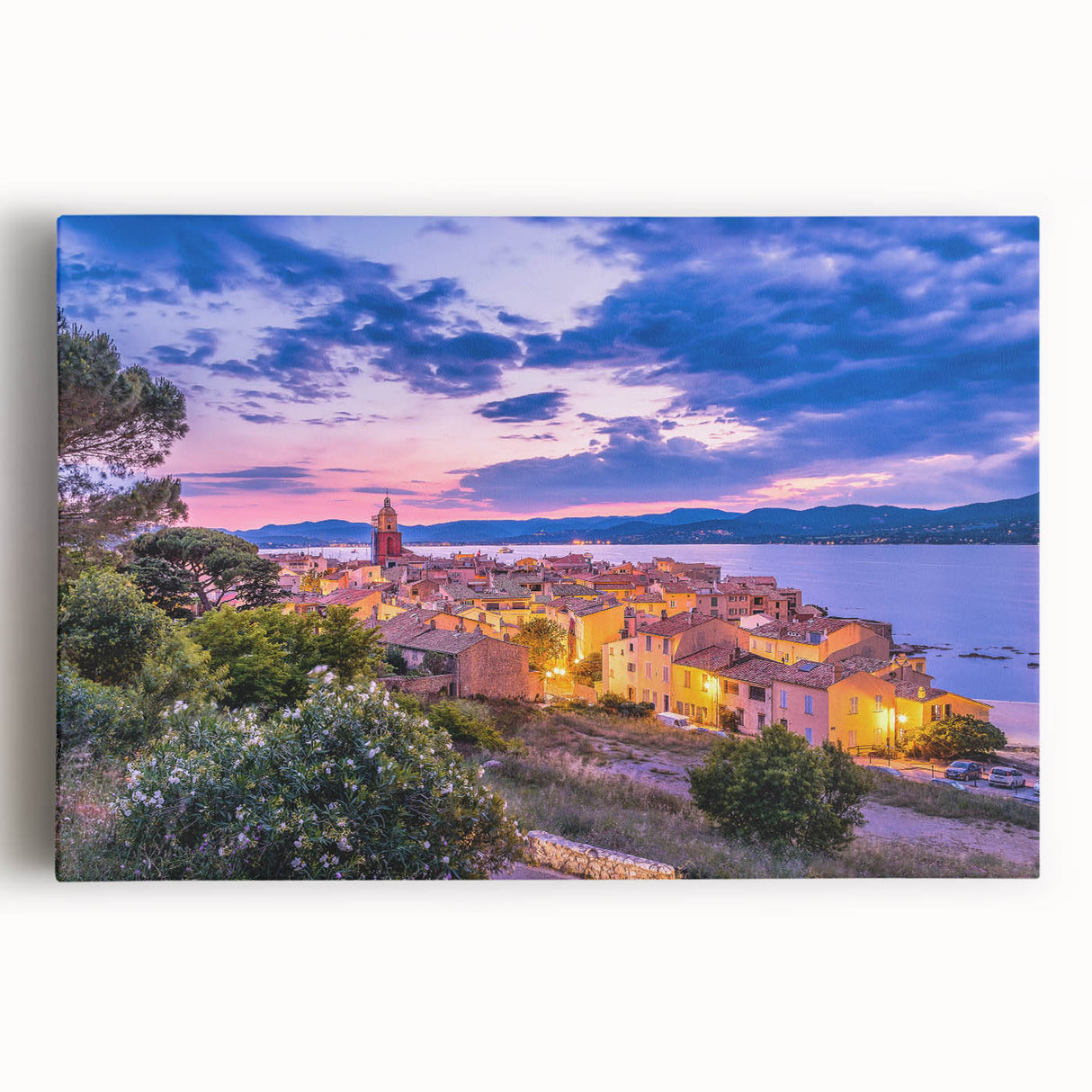 Black and white photograph of a serene Provence landscape on stretched canvas, ideal for kitchen wall art.