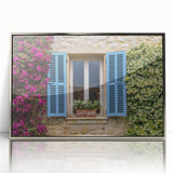 Large acrylic print of a mid-century modernist French southern landscape in silver frame, ideal for modern art wall decor.