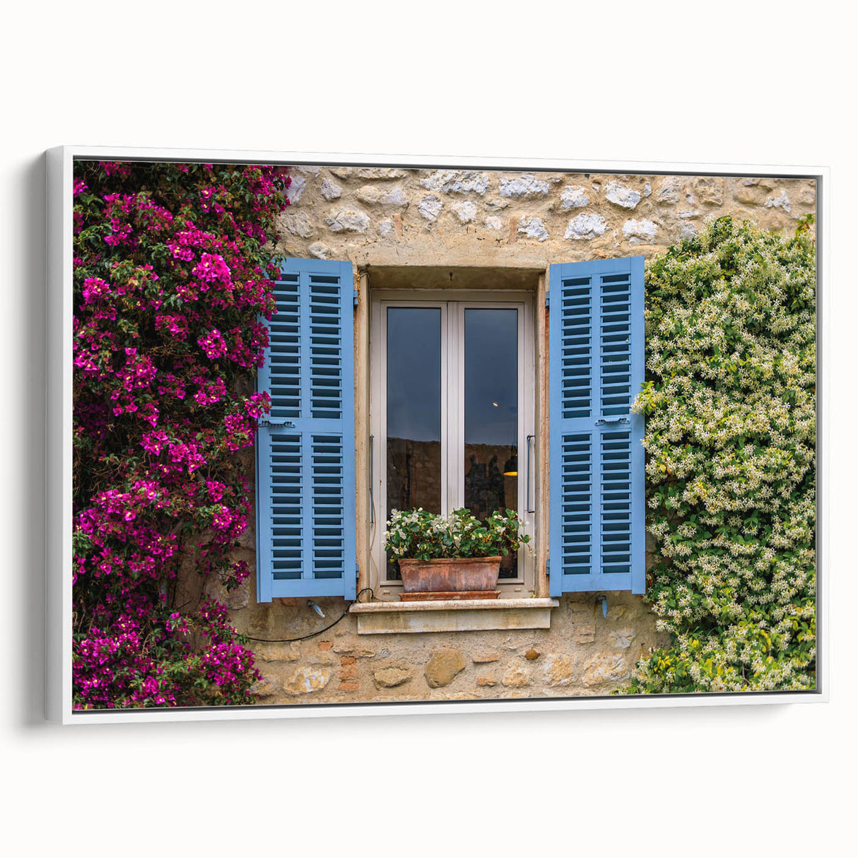 Vintage poster art depicting a vibrant, colorful French landscape on extra large framed canvas, ideal for living room decor.