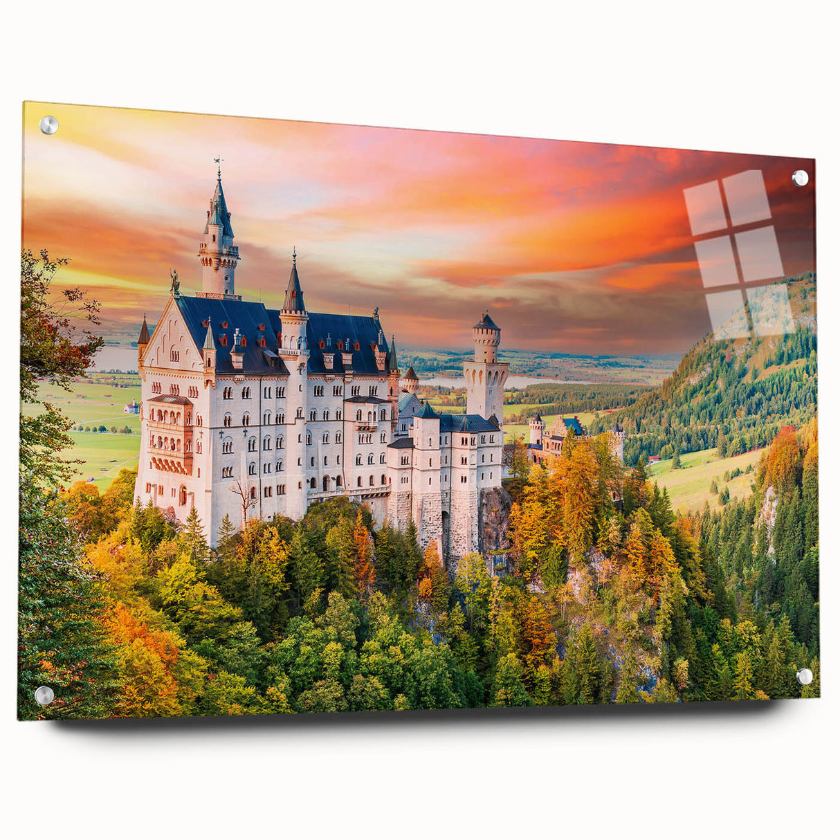 Acrylic print of a Bavarian landscape in muted green and blue tones, suitable for bedroom or dining room decor.