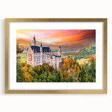 Abstract art print of a Bavarian landscape, featuring muted greens and blues, in a gold frame, ideal for dining room decor.