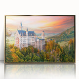 Art deco poster of Bavarian scenery in gold frame, featuring muted earth tones, ideal for modern art wall decor.