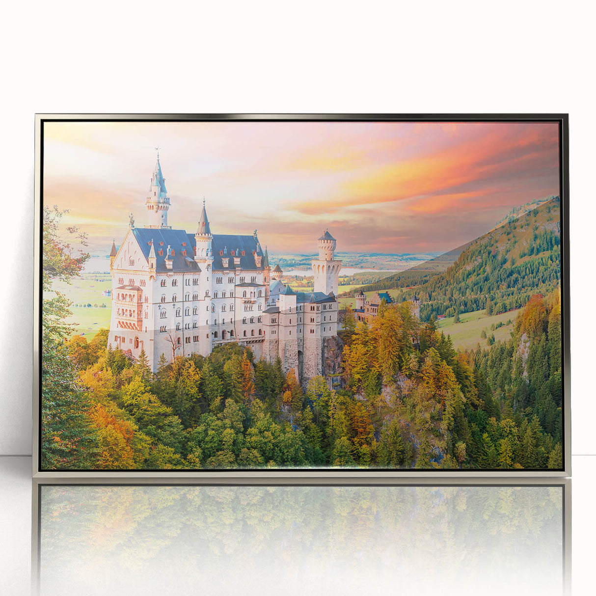 Large art print of a Bavarian landscape in muted greens and blues on a silver-framed acrylic.