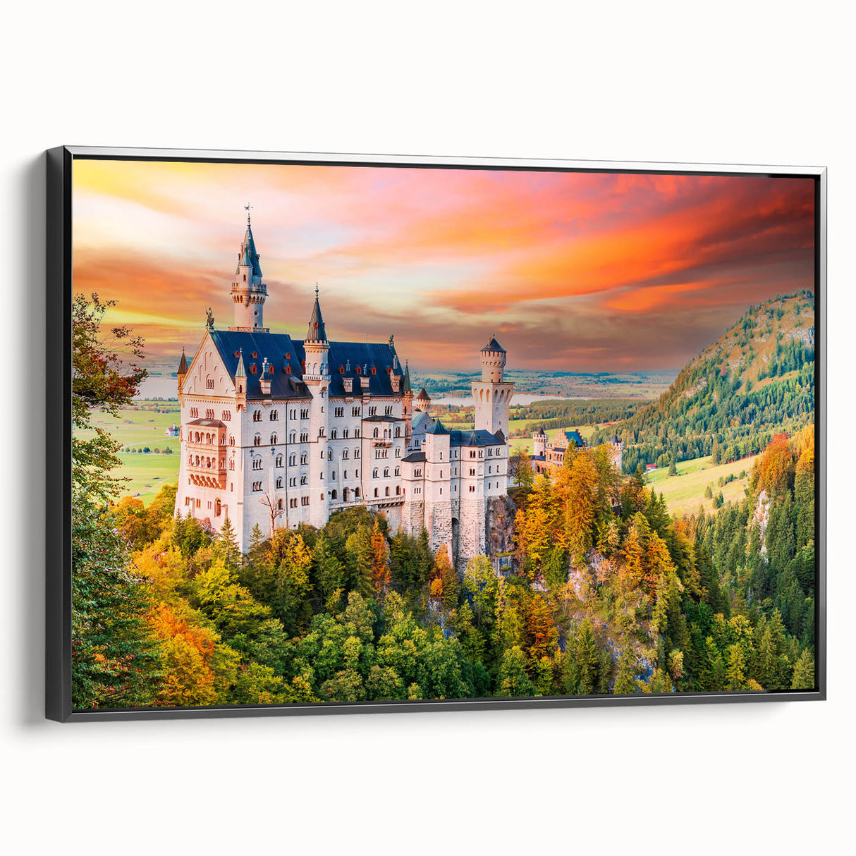 Black and white framed canvas of a Bavarian landscape, ideal for bedroom wall decor.