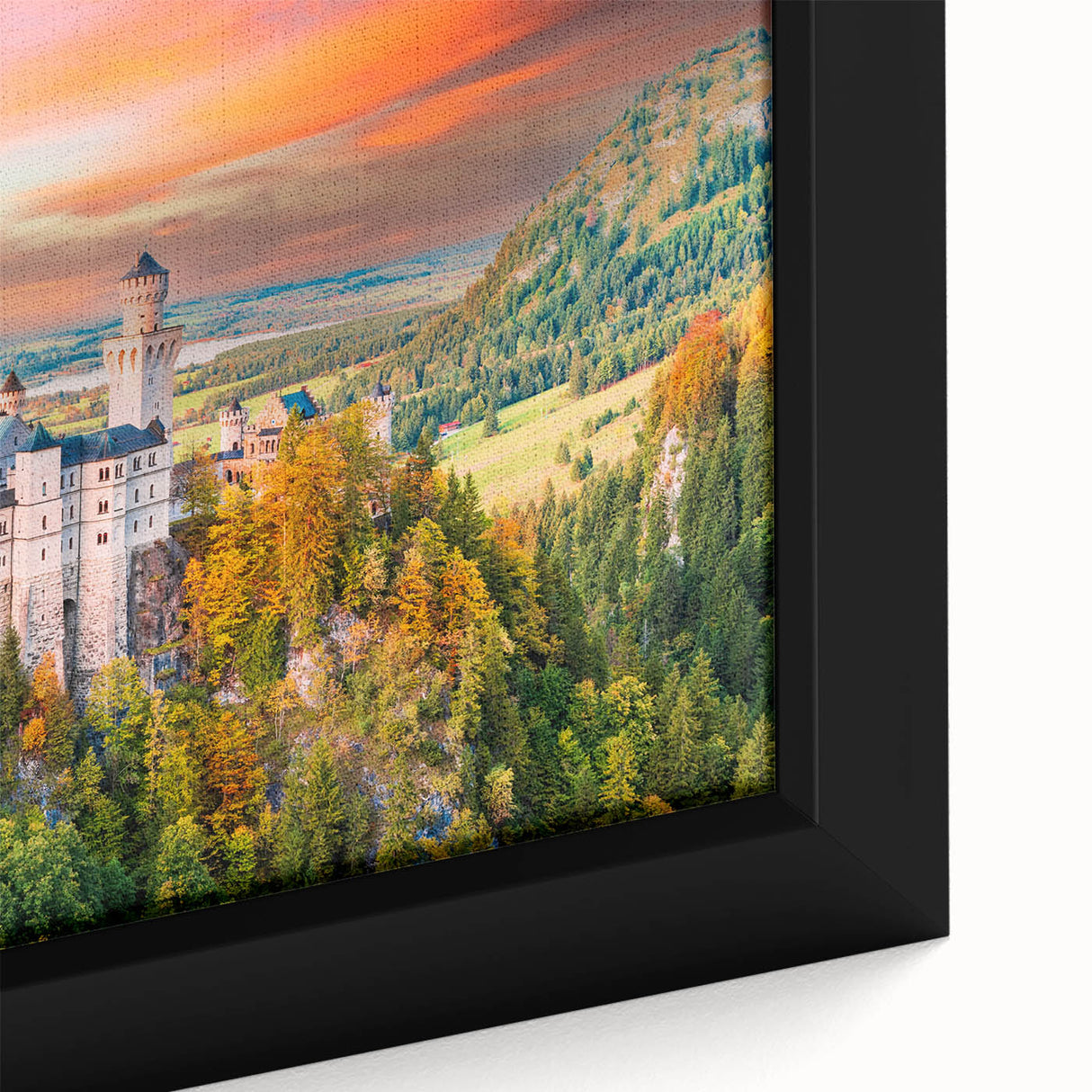 Black wall art featuring a textured depiction of a Bavarian landscape in vibrant colors on a large framed canvas.