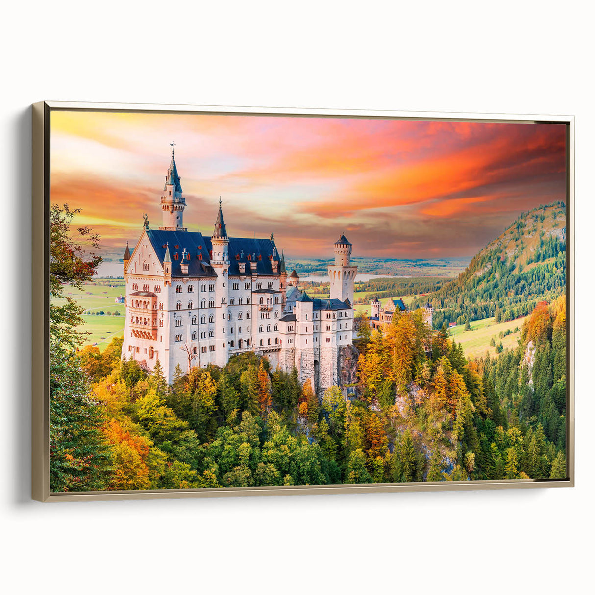 Framed canvas featuring a vintage-style landscape painting of Bavaria, with muted green and gold tones.