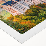 Art deco poster of Bavarian landscape, muted earth tones on rolled canvas, suited for dining room decor.