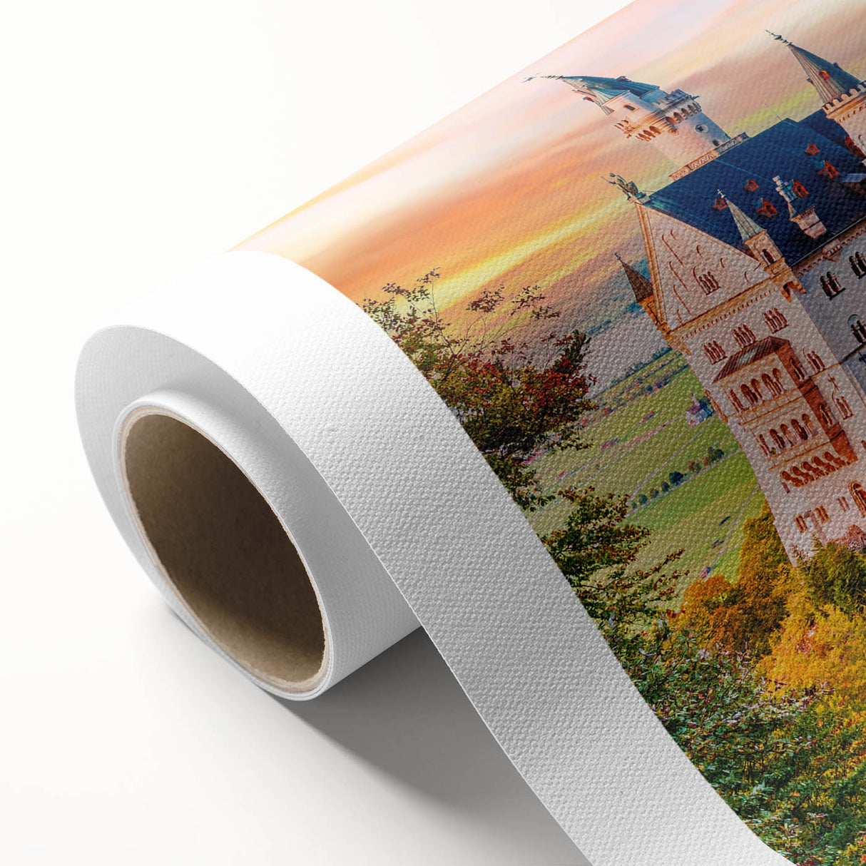Art deco style poster of a Bavarian landscape on rolled canvas, depicting serene green hills and a clear sky.
