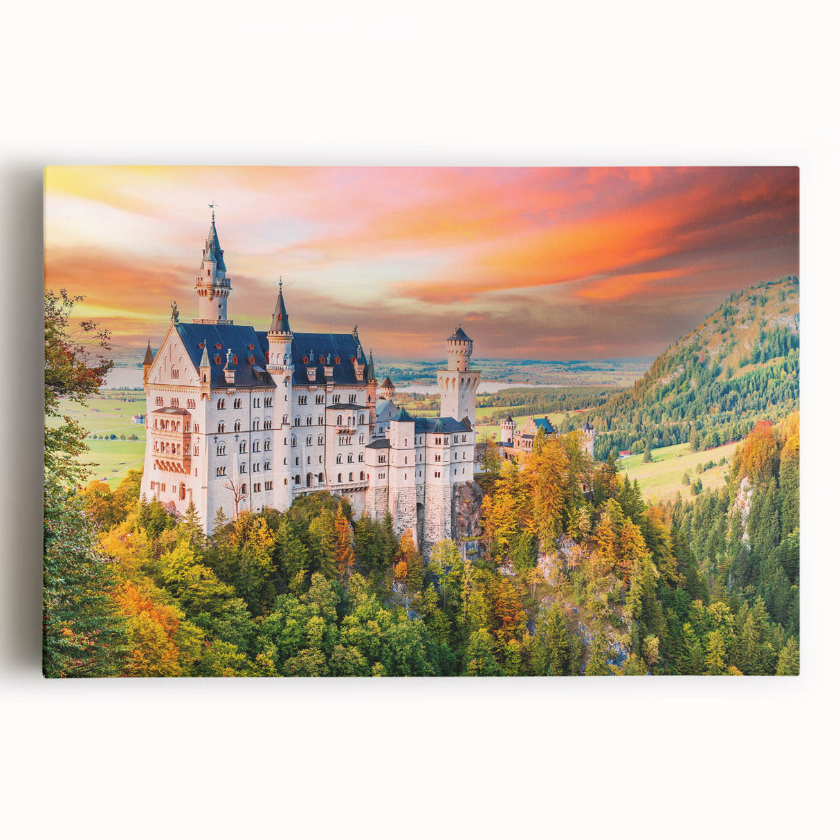 Black and white image of Bavarian landscape on stretched canvas, ideal for kitchen wall art or bedroom ambiance.