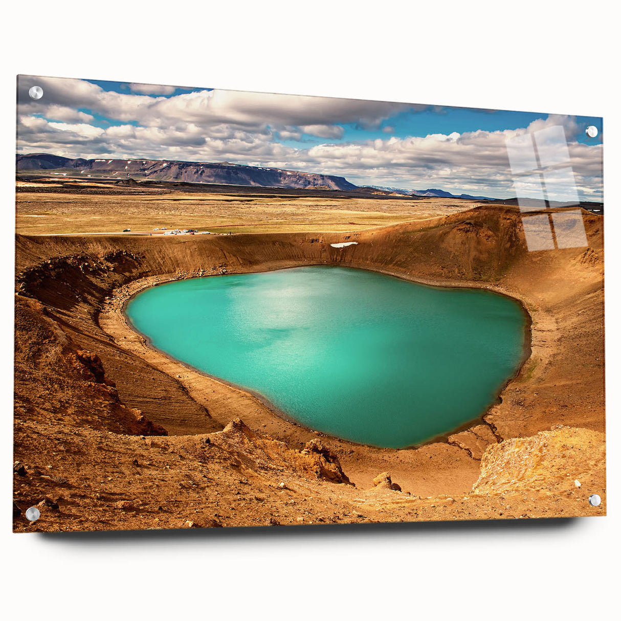Acrylic print of a serene Icelandic landscape in muted blue and gray tones, ideal for dining room decor.
