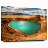 Large abstract wall art of Icelandic scenery in muted blue and gray tones on acrylic glass.