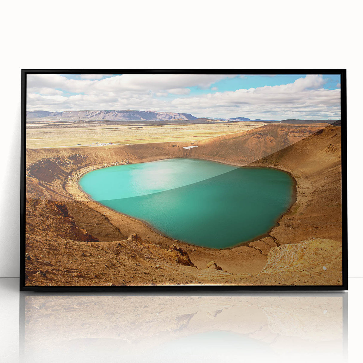 Large abstract wall art of a European Iceland landscape in muted gray tones, framed in black acrylic.
