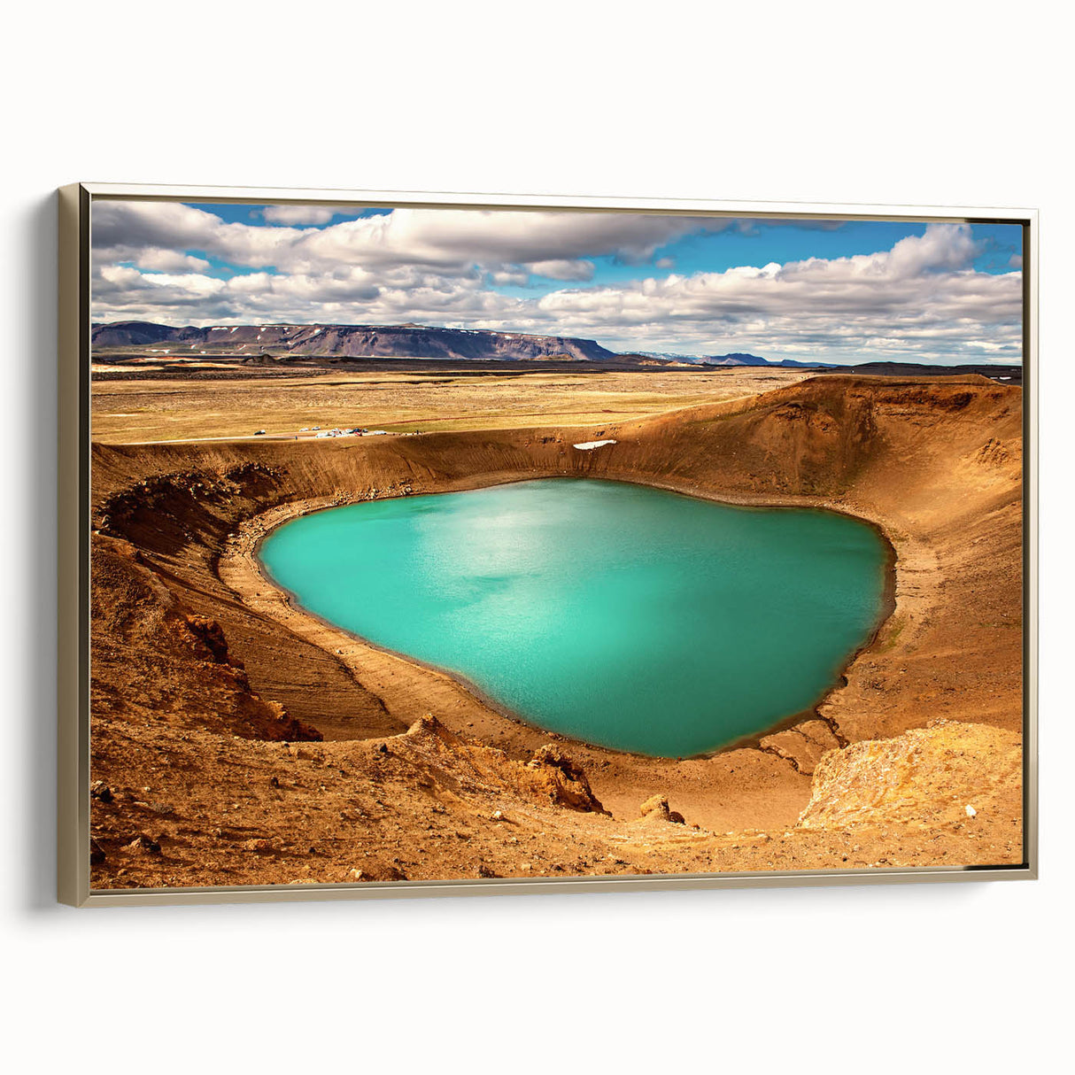 Framed canvas depicting a vintage-style Icelandic landscape in black and gold tones, ideal for bedroom wall art.