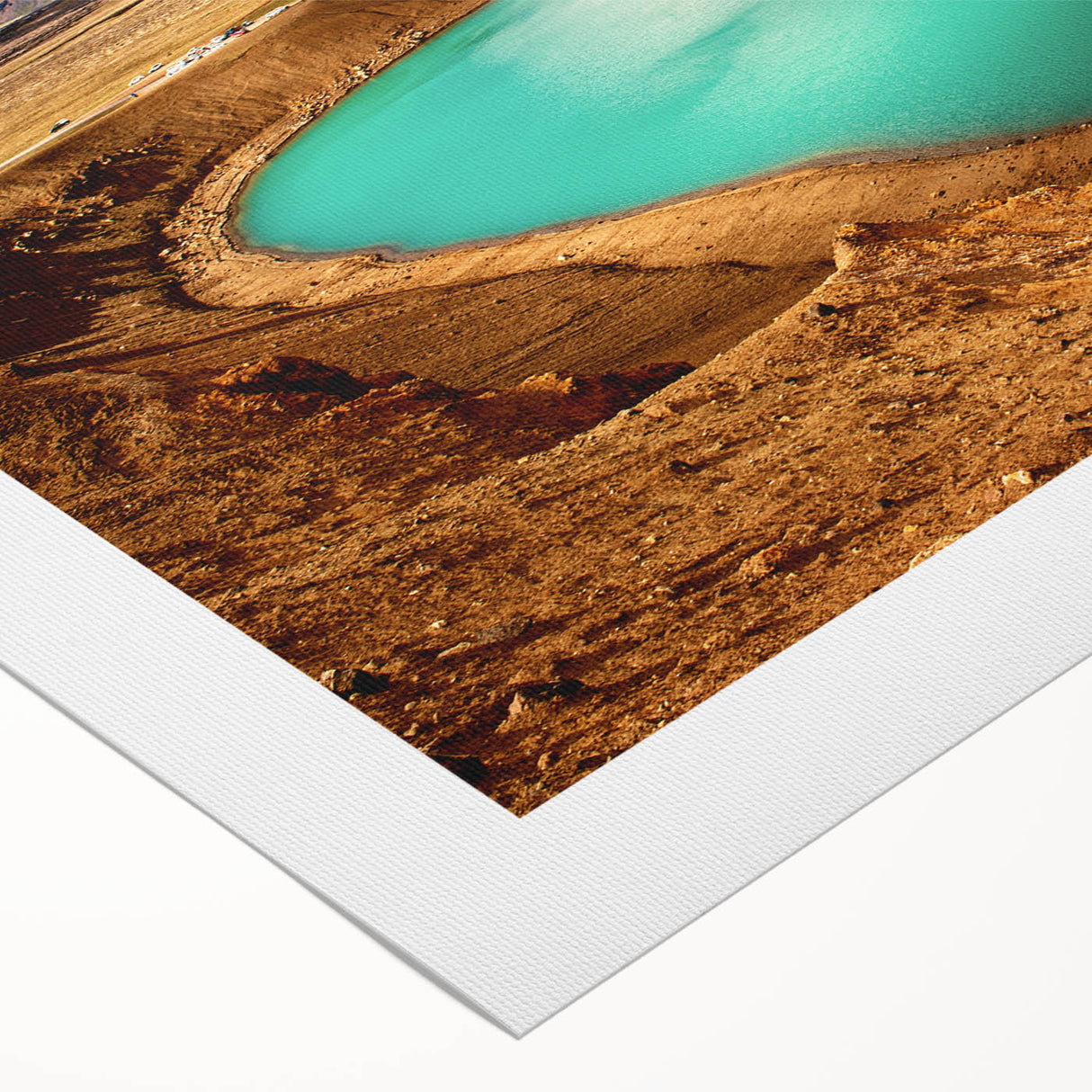 Art deco poster of a serene Iceland landscape in muted blue and green tones on rolled canvas, ideal for dining room wall art.