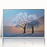 Mid-century modernist art depicting a European landscape with muted earth tones on a framed acrylic.