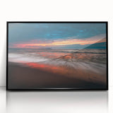 Large abstract wall art depicting a European landscape in muted earth tones, framed in black acrylic.