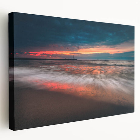 Large art print of a serene Lithuanian landscape on stretched canvas, featuring muted green and blue tones.