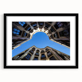 Extra large abstract art print depicting a colorful, textured Barcelona scene on a framed black canvas.