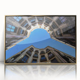 Acrylic print of Barcelona scenery in art deco style with gold frame, ideal for modern art wall decor.