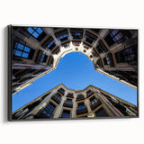 Black and white framed canvas of a vintage Barcelona landscape, ideal for bedroom wall art.