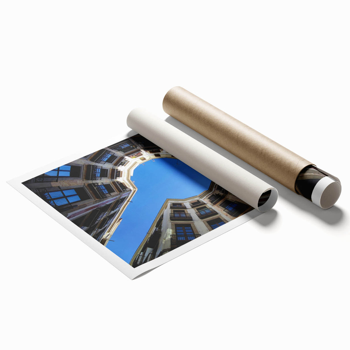 Extra large rolled print featuring a Barcelona cityscape with vibrant floral elements, ideal for classy bathroom wall art.