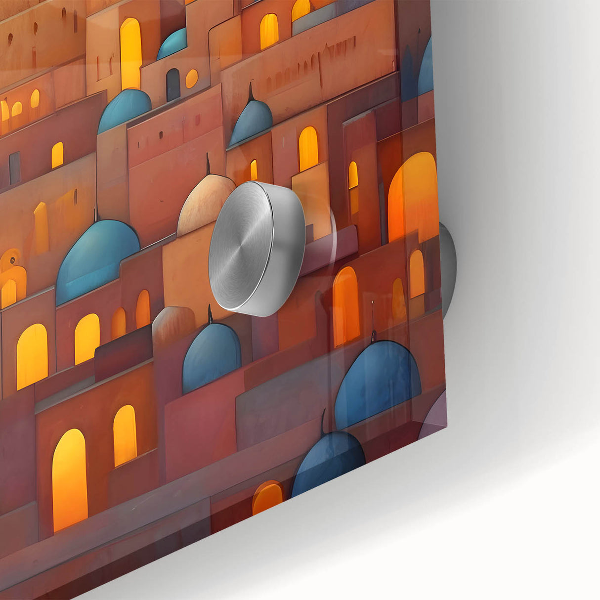 Large abstract wall art depicting a Middle Eastern scenery in muted earth tones on acrylic glass.