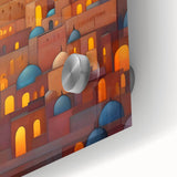 Large abstract wall art depicting a Middle Eastern scenery in muted earth tones on acrylic glass.