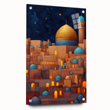 Acrylic glass print of a Middle Eastern scenery with vibrant desert hues, ideal for bedroom or dining room decor.