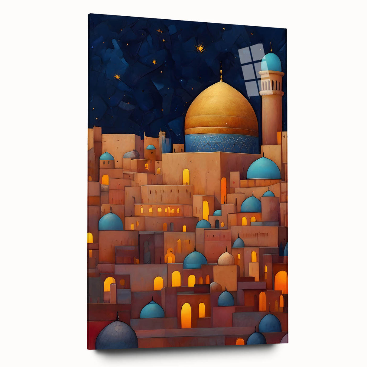 Large abstract acrylic print of a Middle Eastern scenery in muted earth tones, ideal for bedroom or dining room art.