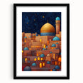 Extra large abstract art print depicting a colorful, textured scenery of Middle Eastern architecture, framed in black.