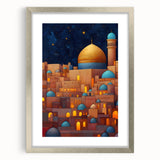 Textured abstract art print depicting a Middle Eastern scenery in muted earth tones on a silver-framed mat.