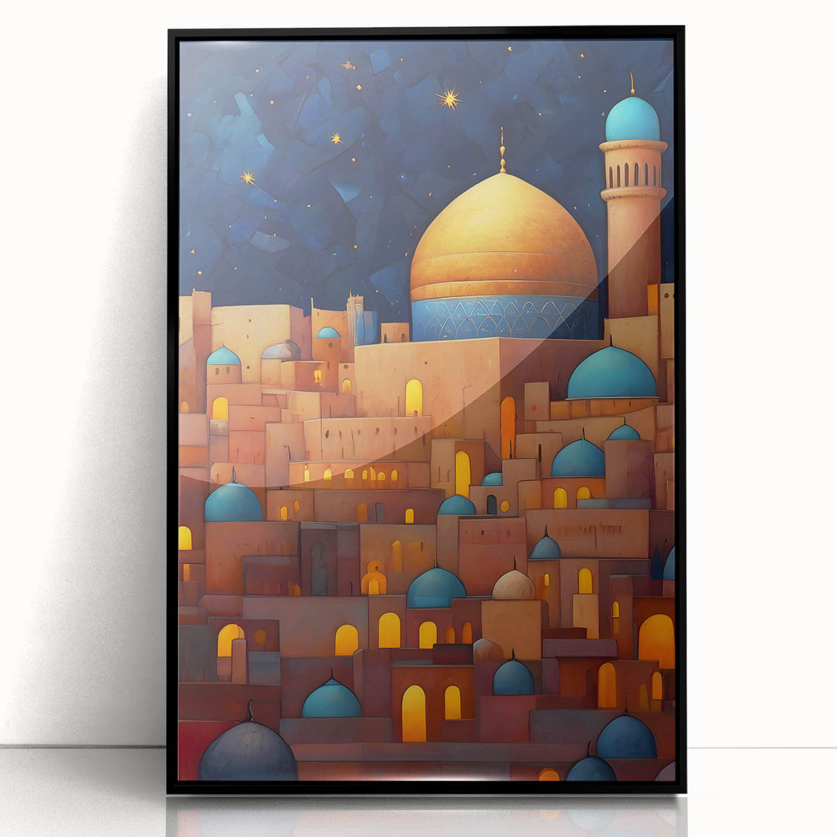 Large abstract wall art depicting a Middle Eastern scenery in muted earth tones on a framed acrylic.