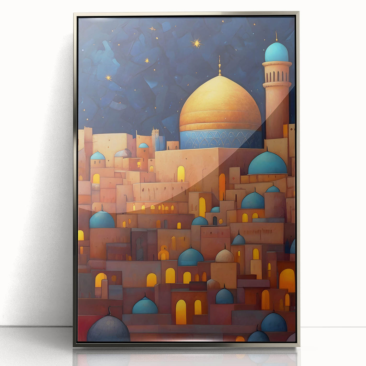 Mid-century modernist art depicting a serene Middle Eastern landscape in earth tones on a framed acrylic print.