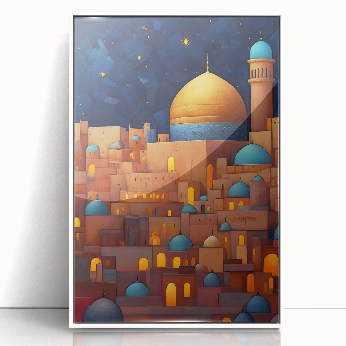 Art deco poster of a Middle-Eastern scenery in muted earth tones on white acrylic, ideal for modern art wall decor.