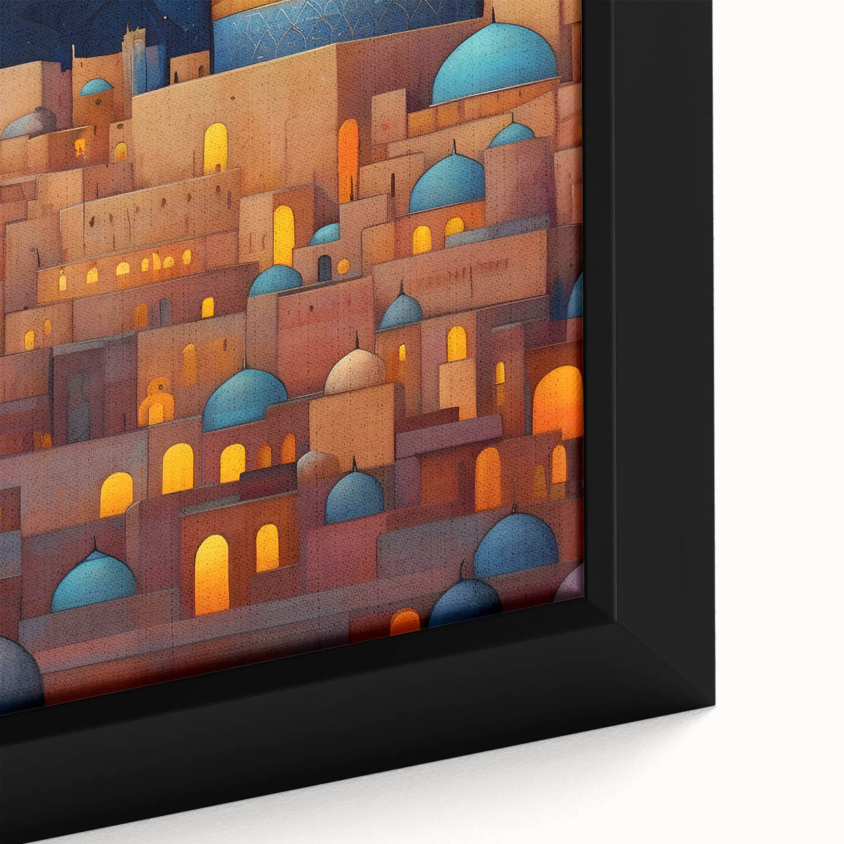 Extra large framed canvas featuring a textured depiction of a Middle Eastern scenery in black with colorful accents.