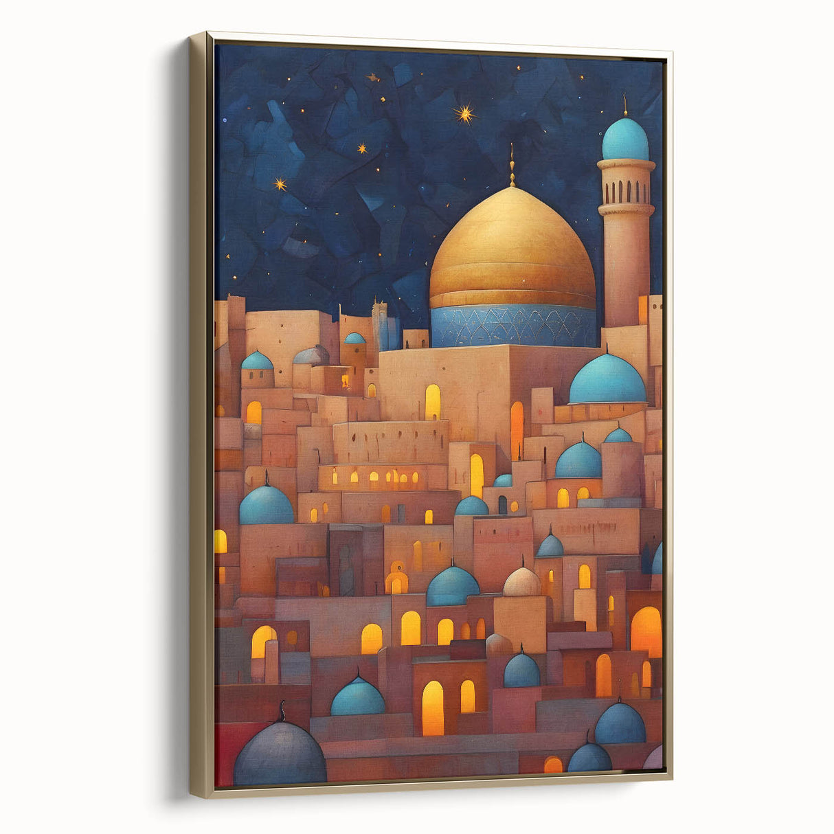 Framed canvas wall art depicting a vintage-style landscape of a Middle Eastern scenery in black and gold tones.