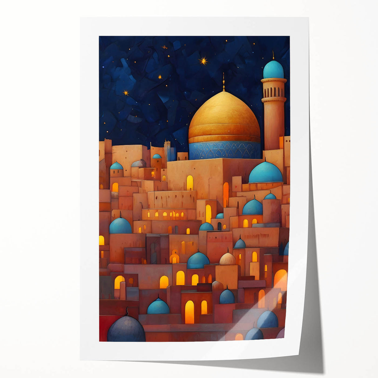 Extra large rolled print of a Middle Eastern scenery in Iran, featuring muted earth tones and floral elements.