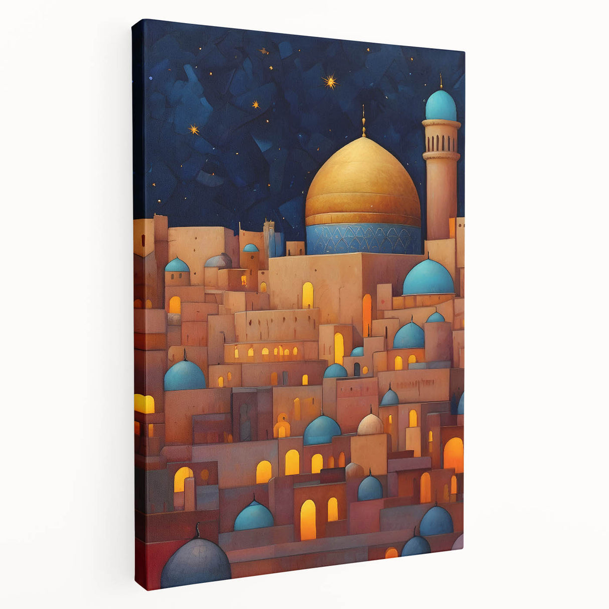 Large stretched canvas featuring a scenic Middle-Eastern landscape in earthy tones, suitable for kitchen wall art.