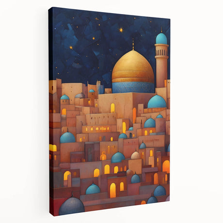 Large stretched canvas featuring a scenic Middle-Eastern landscape in earthy tones, suitable for kitchen wall art.